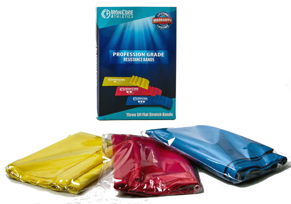 Set of Three 5 feet long by 4 inches wide Flat Resistance Bands, Perfect for Yoga / Pilates / Physical Therapy